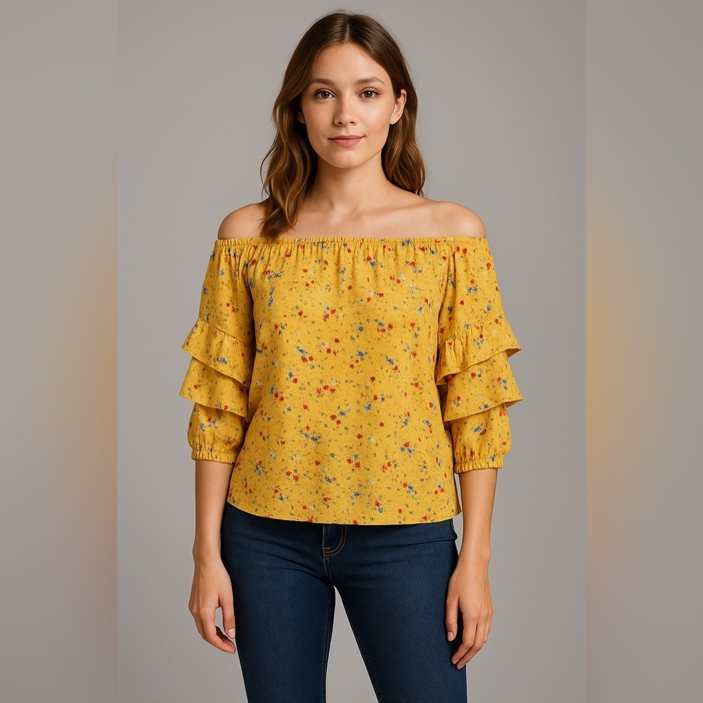 Primark Yellow Floral Ruffle Sleeve Blouse Top Size 6 Cottagecore Boho Spring